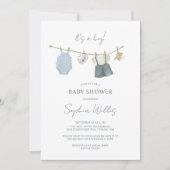 その男の子の服シンプル水色の赤ちゃんシャワー 招待状 (正面)