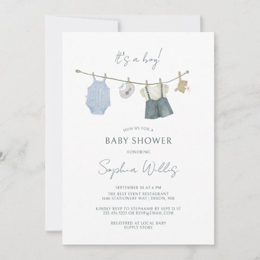 その男の子の服シンプル水色の赤ちゃんシャワー 招待状 (正面)