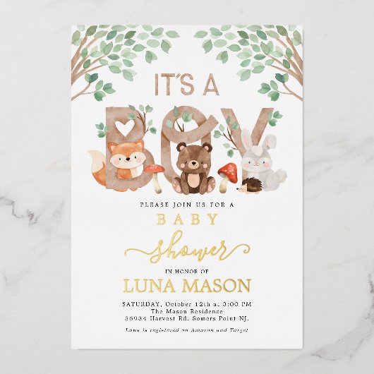 その男の子の森の赤ちゃんシャワー招待状 箔招待状 (正面)