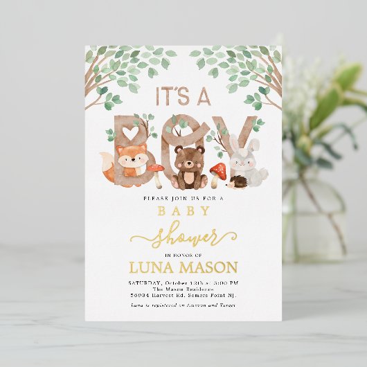 その男の子の森の赤ちゃんシャワー招待状 箔招待状 (立ち正面)