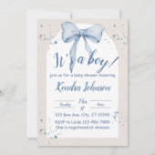 その男の子の水の色の弓、ミニマルな赤ちゃんシャワー 招待状 (正面)