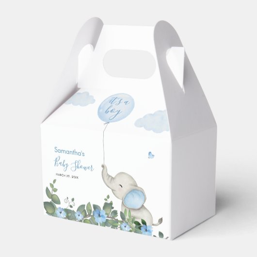その男の子の水色の象の緑の赤ちゃんシャワー フェイバーボックス (正面サイド)