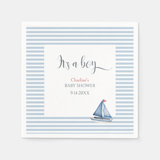 その男の子の水色の赤ちゃんシャワーナプキン航海の スタンダードカクテルナプキン (正面)