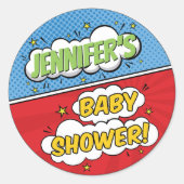 その男の子の漫画本スーパーヒーロー赤ちゃんシャワー ラウンドシール (正面)
