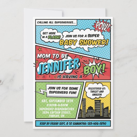 その男の子の漫画本スーパーヒーロー赤ちゃんシャワー 招待状 (正面)