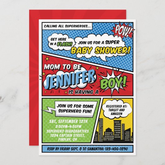 その男の子の漫画本スーパーヒーロー赤ちゃんシャワー 招待状 (正面/裏面)