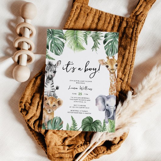 その男の子の熱帯ジャングルサファリの赤ちゃんシャワー 招待状