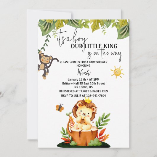 その男の子の男の赤ちゃんシャワーサファリライオン招待状 招待状 (正面)