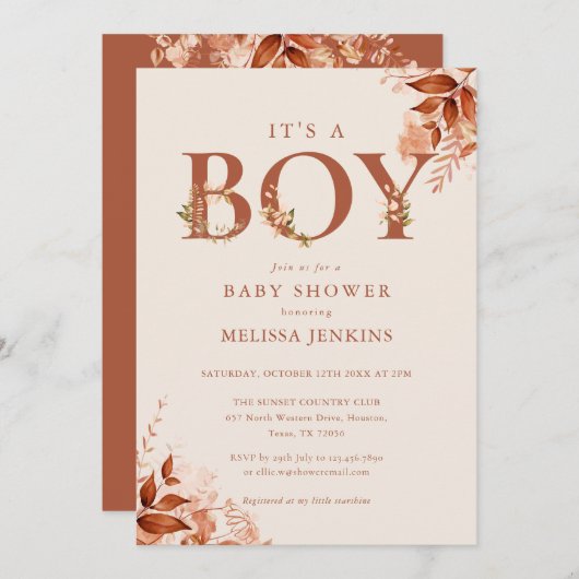 その男の子の素朴秋フローラ手紙の赤ちゃんシャワー 招待状 (正面/裏面)
