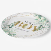 その男の子の緑のユーカリ金ゴールドの赤ちゃんシャワー ペーパープレート (アングル)