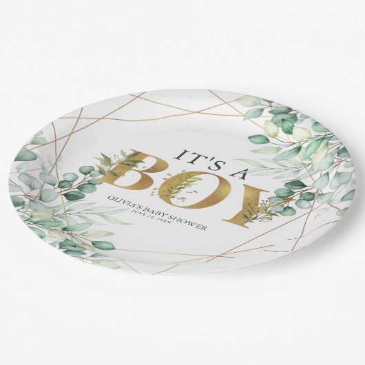 その男の子の緑のユーカリ金ゴールドの赤ちゃんシャワー ペーパープレート (アングル)