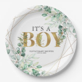 その男の子の緑のユーカリ金ゴールドの赤ちゃんシャワー ペーパープレート (正面)