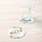 その男の子の緑のユーカリ金ゴールドの赤ちゃんシャワー ラウンドペーパーコースター (インサイチュ)