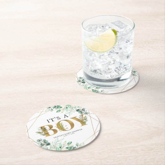 その男の子の緑のユーカリ金ゴールドの赤ちゃんシャワー ラウンドペーパーコースター (インサイチュ)