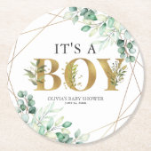 その男の子の緑のユーカリ金ゴールドの赤ちゃんシャワー ラウンドペーパーコースター (正面)