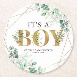 その男の子の緑のユーカリ金ゴールドの赤ちゃんシャワー ラウンドペーパーコースター