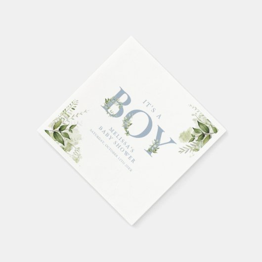 その男の子の緑の埃っぽい青い手紙の赤ちゃんシャワー スタンダードカクテルナプキン (角)