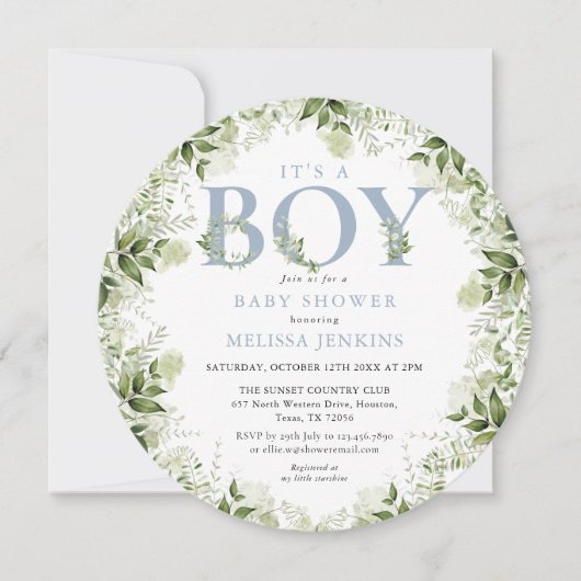 その男の子の緑の埃っぽい青い手紙の赤ちゃんシャワー 招待状 (正面)