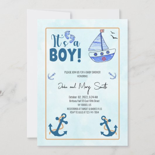 その男の子の誕生航海のセーリングボートの赤ちゃんシャワー 招待状 (正面)