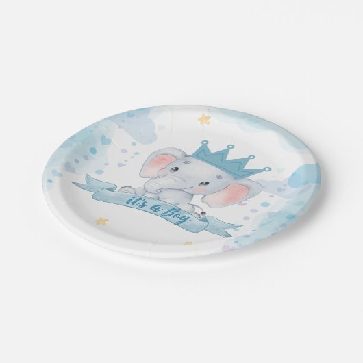 その男の子の象の赤ちゃんシャワーパーティー ペーパープレート (アングル)