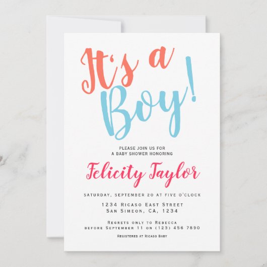 その男の子の赤ちゃんシャワータイポグラフィカラフル点 招待状 (正面)