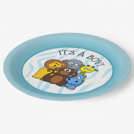 その男の子の赤ちゃんシャワープレート動物園動物プレート ペーパープレート (アングル)