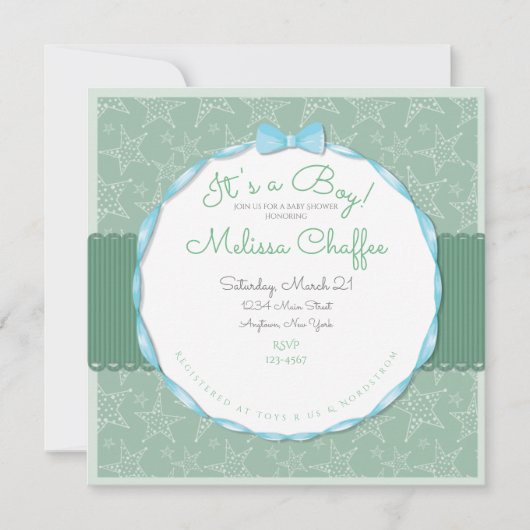 その男の子の赤ちゃんシャワー招待状 – シーフオムグリーン 招待状 (正面)