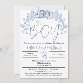 その男の子の赤ん坊のシャワーの招待状、ブルーフローラ 招待状