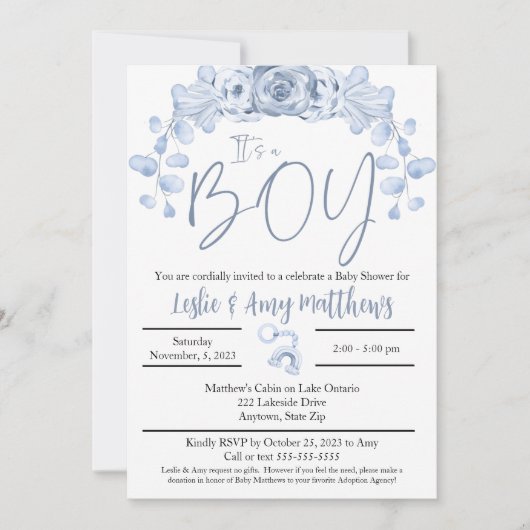 その男の子の赤ん坊のシャワーの招待状、ブルーフローラ 招待状 (正面)