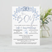 その男の子の赤ん坊のシャワーの招待状、ブルーフローラ 招待状 (スタンド正面)