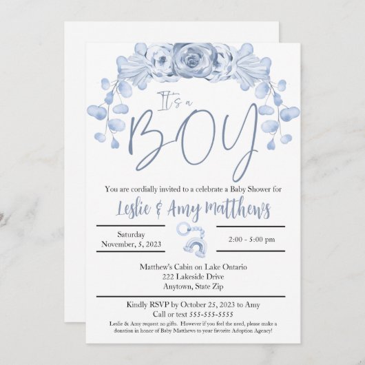その男の子の赤ん坊のシャワーの招待状、ブルーフローラ 招待状 (正面/裏面)