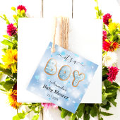 その男の子の赤ん坊シャワー青い白いメッセージカード フェイバータグ