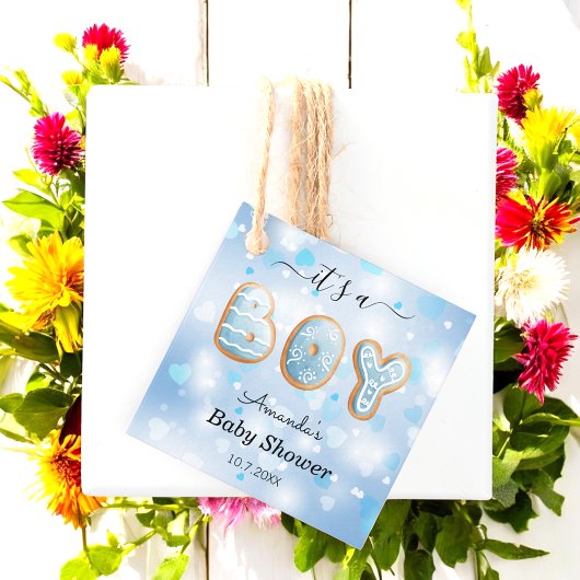 その男の子の赤ん坊シャワー青い白いメッセージカード フェイバータグ