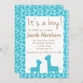 その男の子の青いキリンは男の赤ちゃんのシャワーのシルエットを描きます 招待状 (正面/裏面)