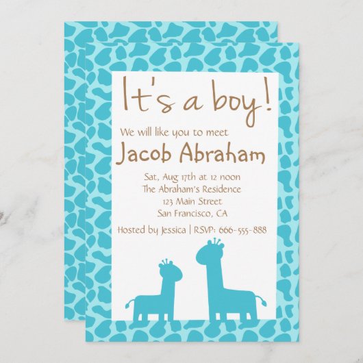 その男の子の青いキリンは男の赤ちゃんのシャワーのシルエットを描きます 招待状 (正面/裏面)