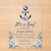 その男の子の青い海軍のフローラ航海ののシャワー アクリル招待状 (正面)