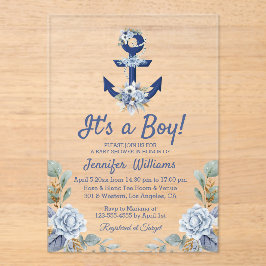 その男の子の青い海軍のフローラ航海ののシャワー アクリル招待状
