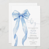 その男の子の青エレガントい弓の赤ちゃんシャワー 招待状 (正面/裏面)