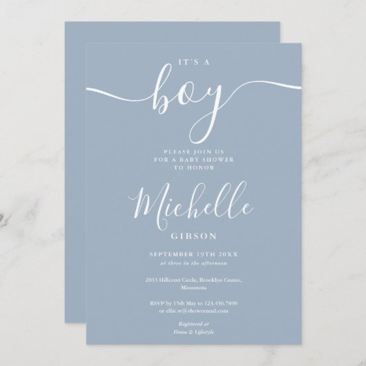 その男の子はエレガントほこりっぽい青い男の子の赤ん坊シャワー 招待状 (正面/裏面)