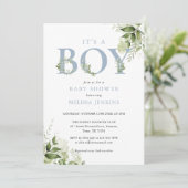 その男の子ほこりっぽい青い緑の写真の赤ちゃんシャワー 招待状 (スタンド正面)