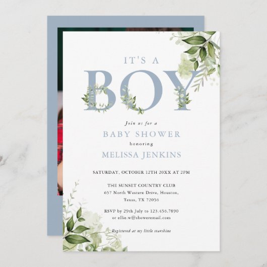 その男の子ほこりっぽい青い緑の写真の赤ちゃんシャワー 招待状 (正面/裏面)