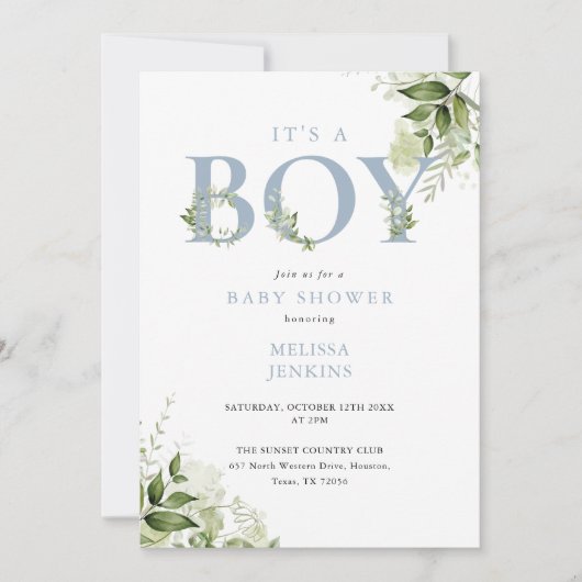 その男の子ほこりっぽい青い緑のQRコード赤ちゃんシャワー 招待状 (正面)