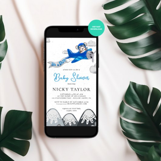 その男の子アビエーターベア飛行機冬の赤ちゃんシャワー 招待状