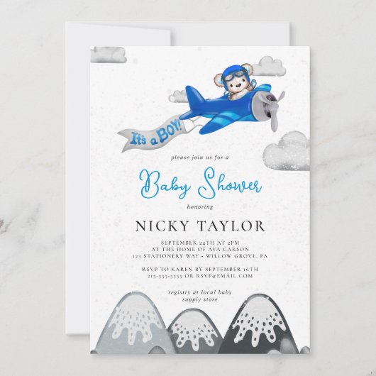 その男の子アビエーターベア飛行機冬の赤ちゃんシャワー 招待状 (正面)
