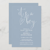 その男の子スクリプトハートほこりっぽい青い男の子ベイビーシャワー 招待状 (正面/裏面)