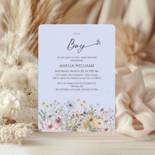 その男の子ソフトブルーのフローラ赤ちゃんシャワー 招待状