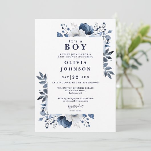 その男の子ネイビーブルーエレガントフローラ赤ちゃんシャワー 招待状 (スタンド正面)
