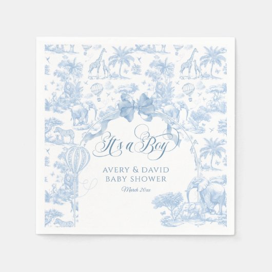 その男の子ブルートイレサファリ動物の赤ちゃんシャワー スタンダードカクテルナプキン (正面)