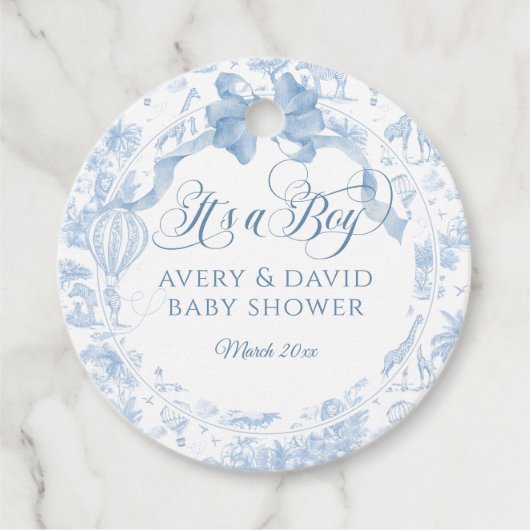 その男の子ブルートイレサファリ動物の赤ちゃんシャワー フェイバータグ (正面)