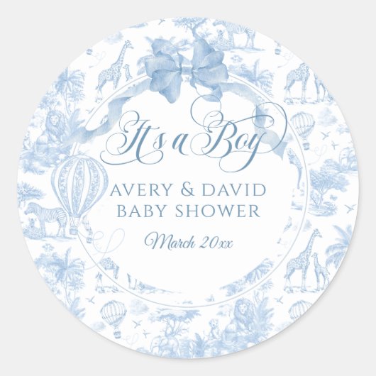 その男の子ブルートイレサファリ動物の赤ちゃんシャワー ラウンドシール (正面)
